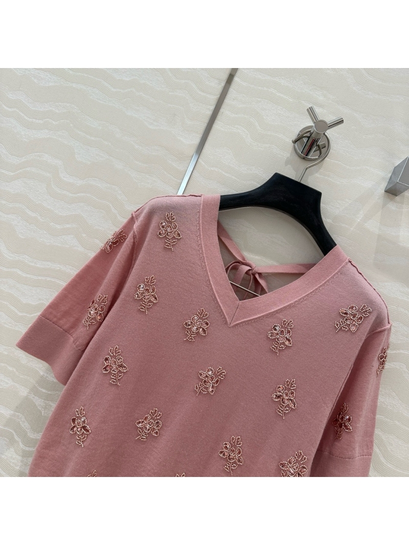 Fendi Floral Beaded V-Neck Wool Knit Top pink