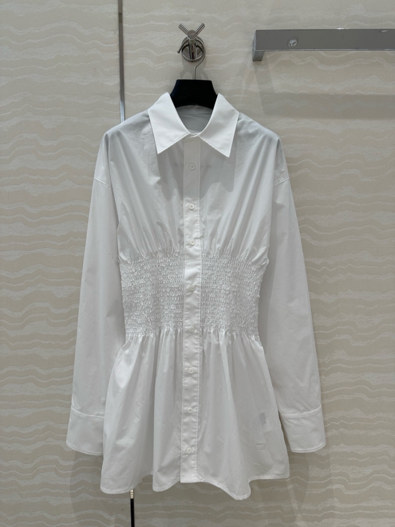 Prada Gathered Waist Cotton Shirt Dress White