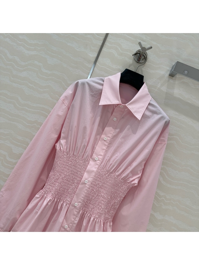 Prada Gathered Waist Cotton Shirt Dress pink