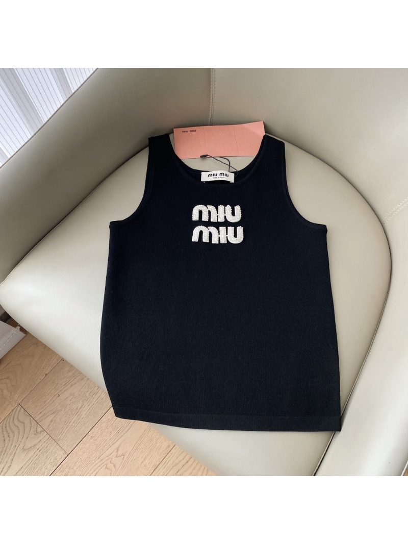 MiuMiu 24 Early Spring High-Craft Beaded Tank Top in Monochrome Black