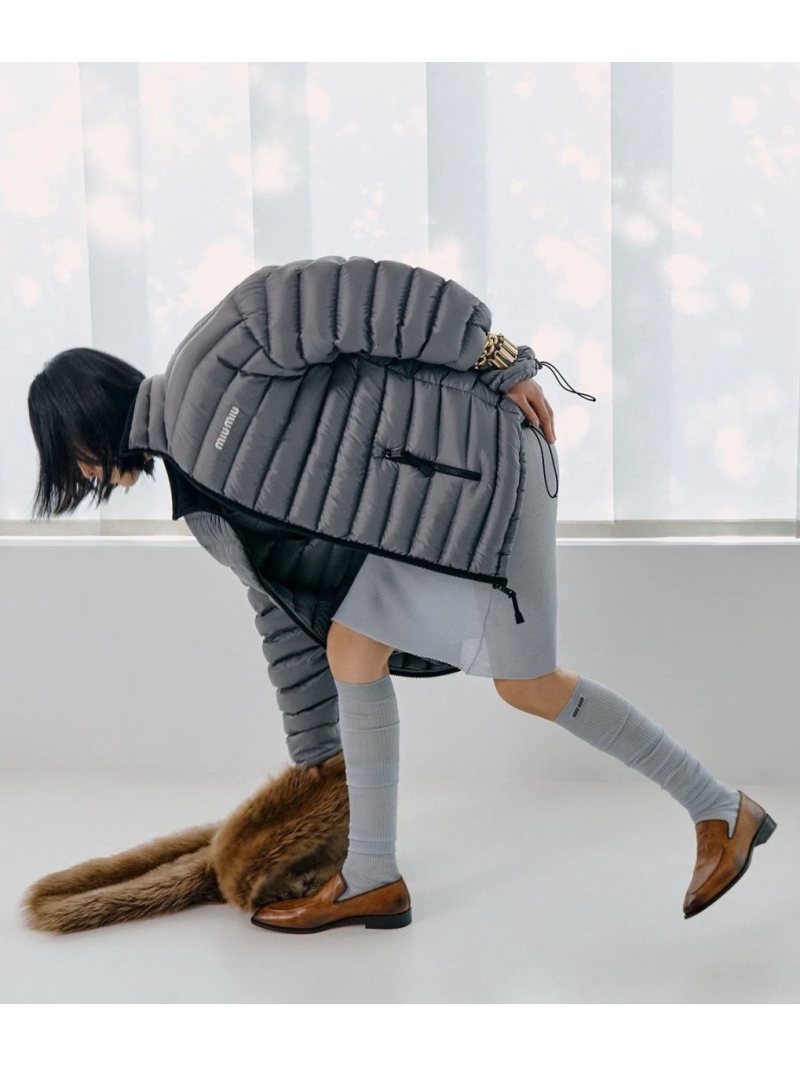 Miu Miu Women's Lightweight Down Jacket with Embroidered Logo, Featherlight & Luxe Grey Finish, Tailored Fit, 90% White Goose Down, Couture-inspired Design