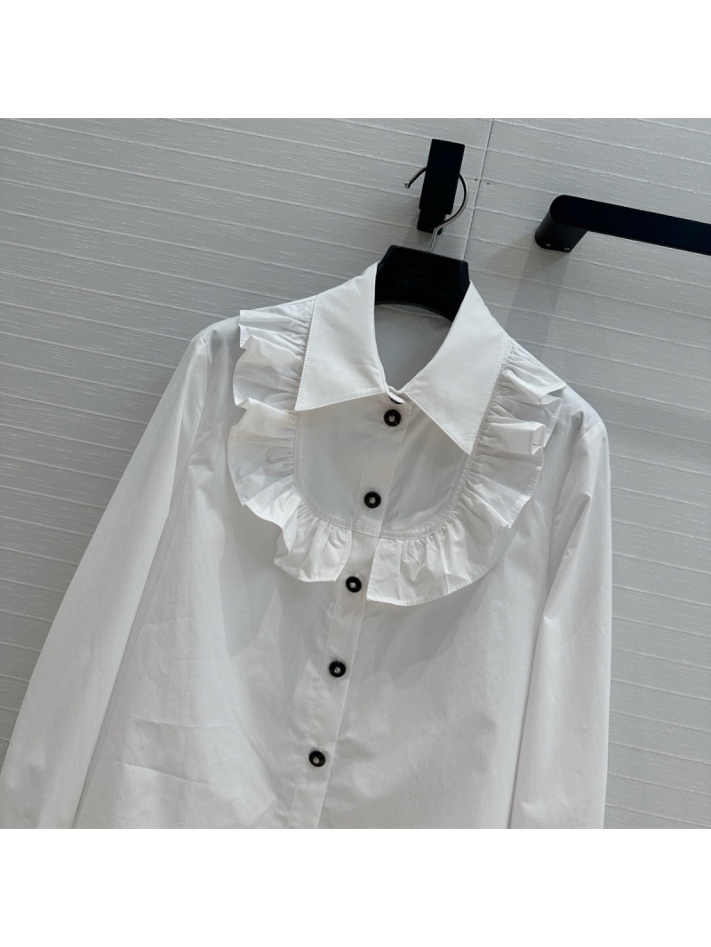 Chanel Spring 2025 Ruffled Collar White Blouse with Black Lion Buttons
