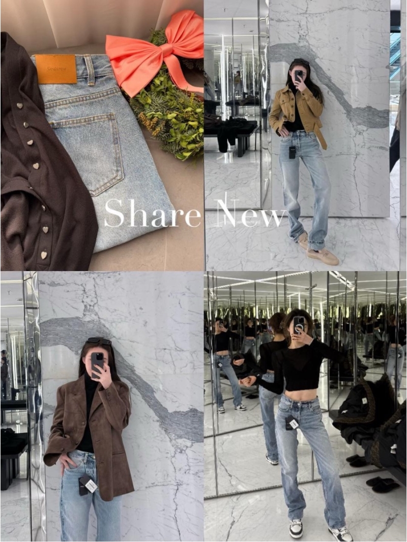 YSL Saint Laurent Light Blue Distressed Straight-Leg Long Jeans