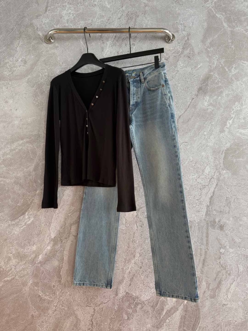 YSL Saint Laurent Heart Logo Button Ribbed Knit Top