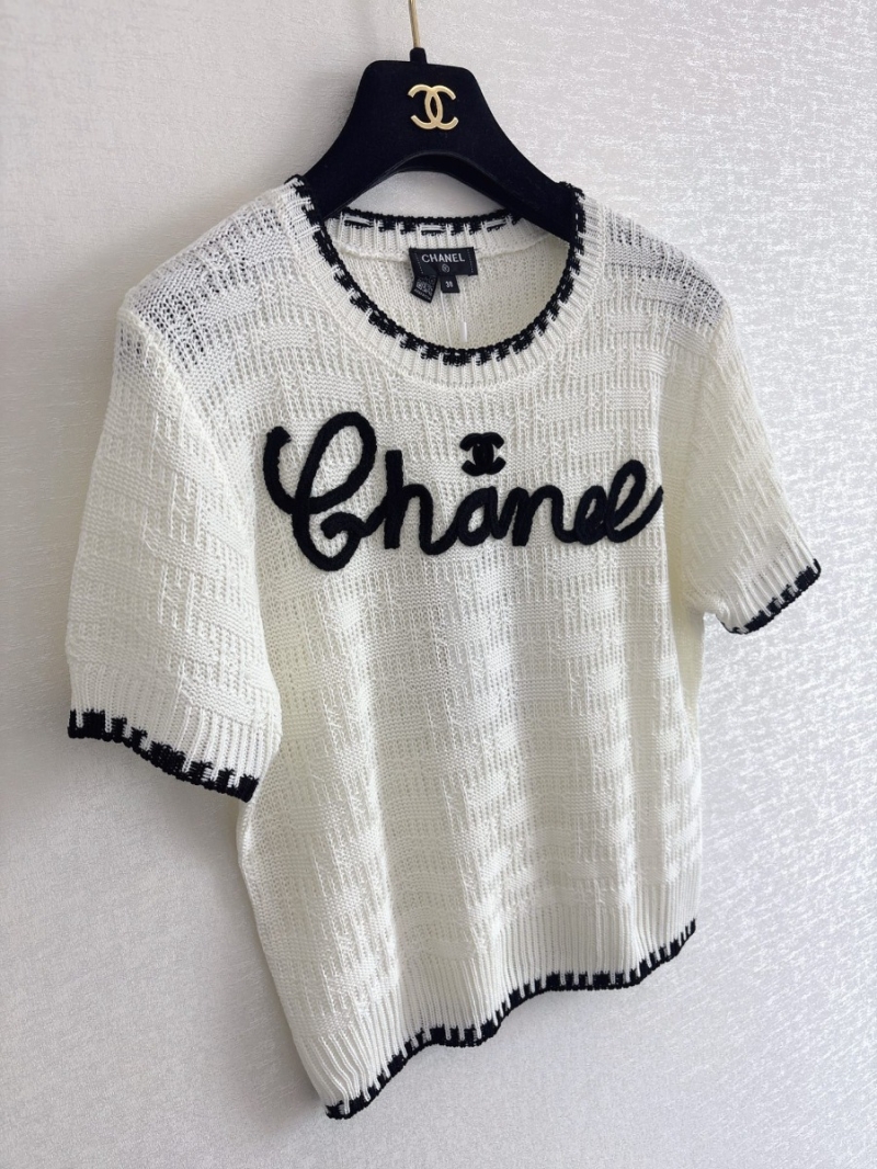 Chanel Cursive Logo Off-White Wool Knit Short Sleeve Top