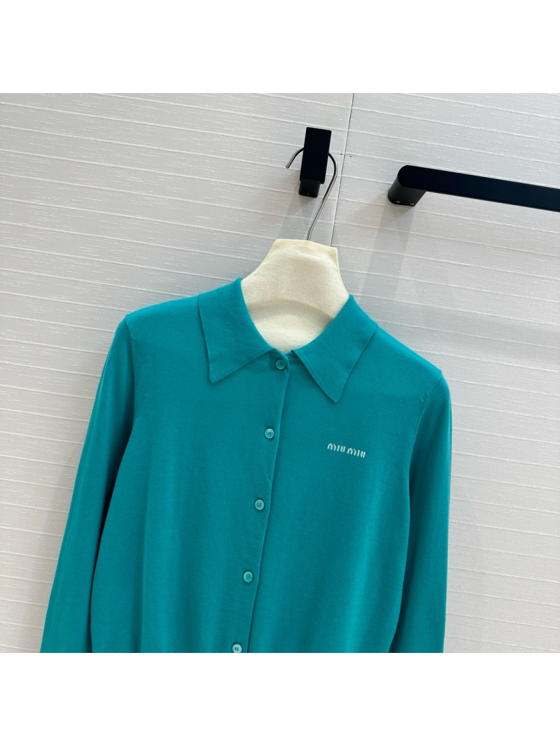 Miu Miu Logo Cashmere Collared Cardigan Turquiose