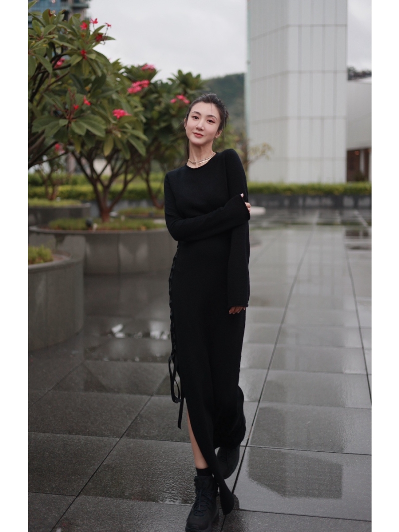 YSL Saint Laurent Long Wool Knit Dress with Side Ties