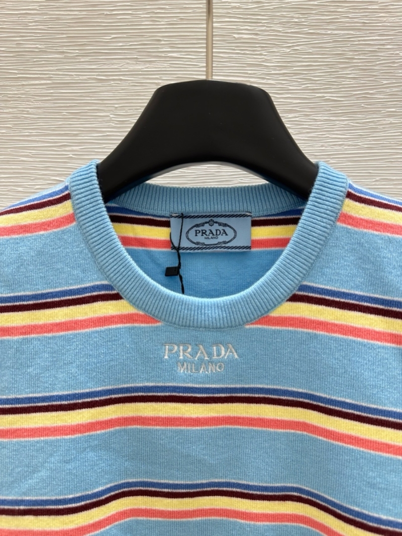 Prada Spring Knit Color-Block Striped Short-Sleeve Top