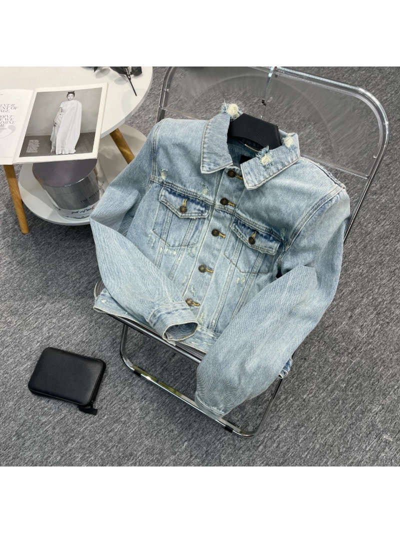 YSL Saint Laurent Slim-Elegance Imported Washed Denim Cropped Jacket