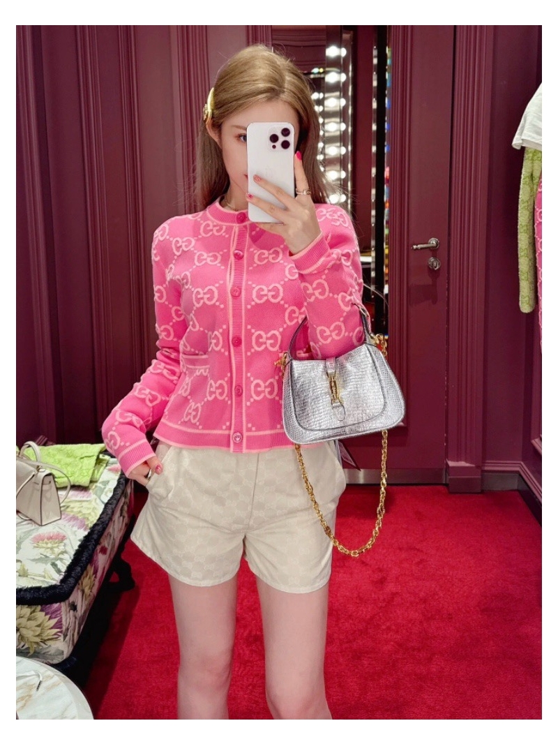 Gucci Double-G Jacquard Knit Cardigan Pink