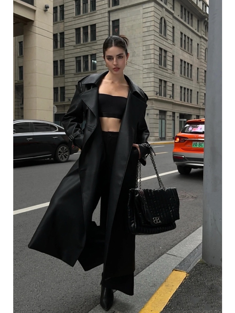 YSL SAINT LAURENT Women's Double-Breasted Leather Trench Coat