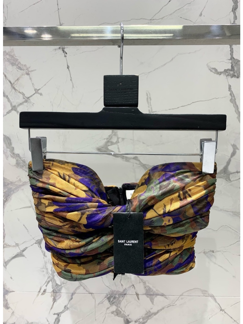 YSL SAINT LAURENT Floral Print Strapless Top