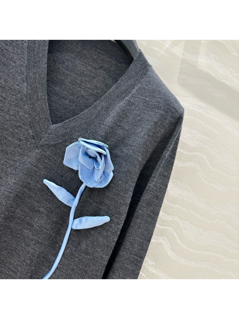 YSL Saint Laurent Fine Merino Wool V-Neck Sweater with 3D Floral Detail