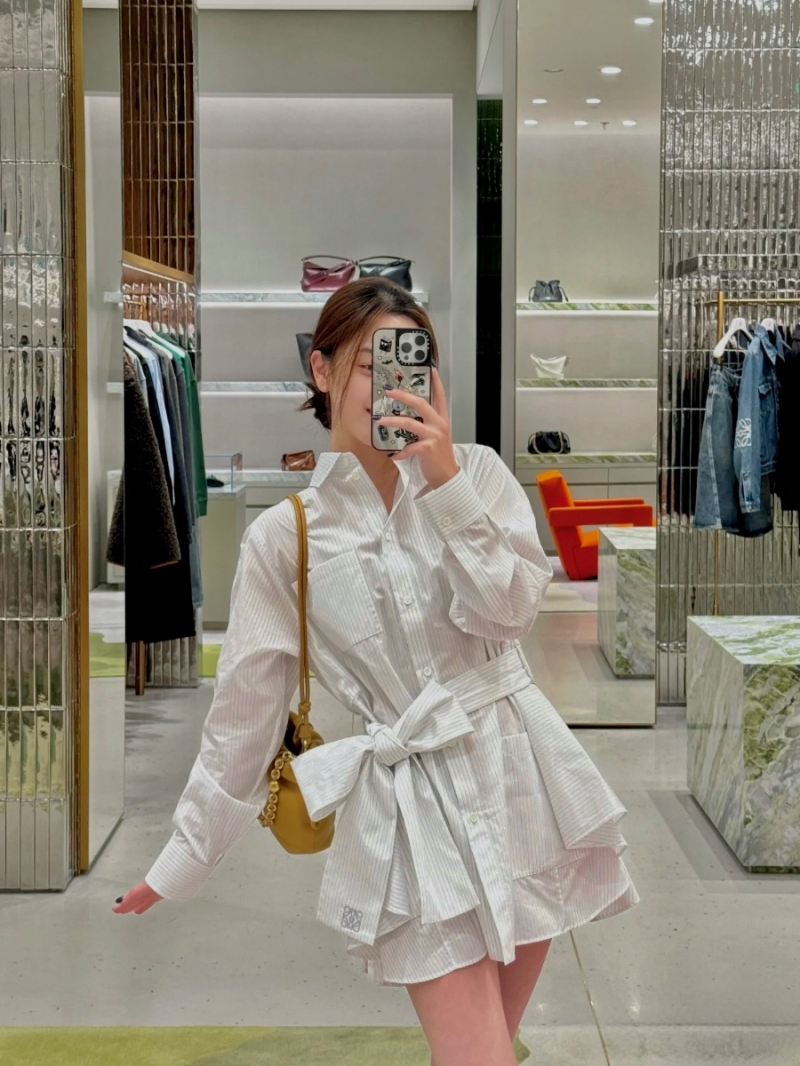 Loewe Striped Cotton Shirt Dress with Embroidered Logo Belt