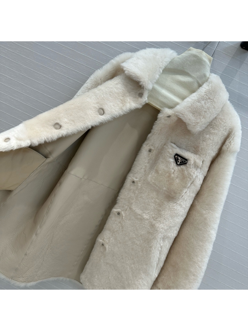 Prada Fall/Winter2024 Limited Edition Imported Shearling Shirt Coat Creme