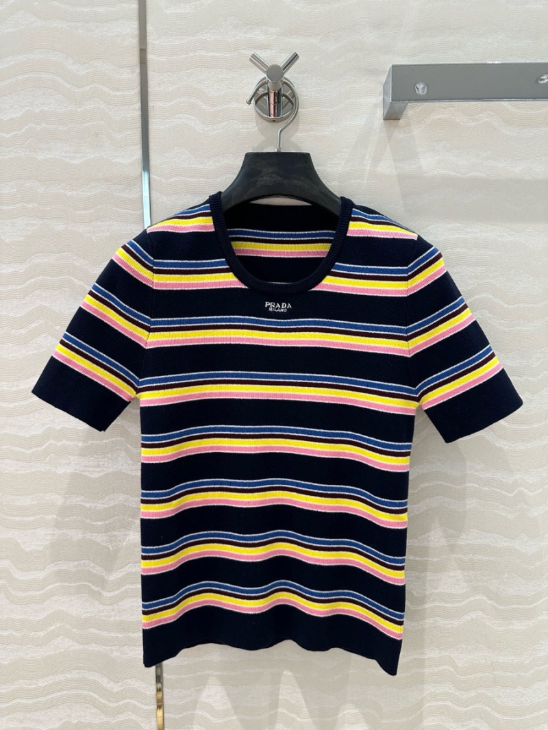 Prada 25 Early Spring Multi-Color Striped Short Sleeve Knit Top