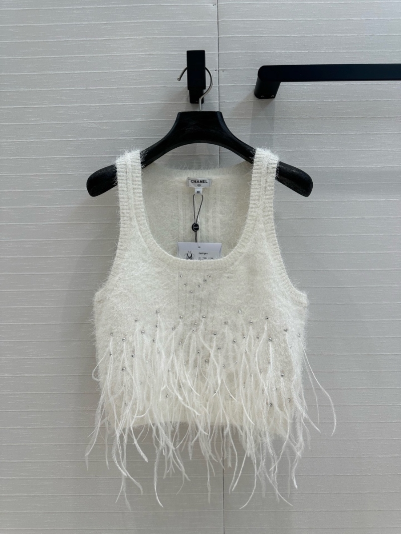 Chanel 25P Feather Knit Tank Top with Rhinestone Detailing Limited Edition White
