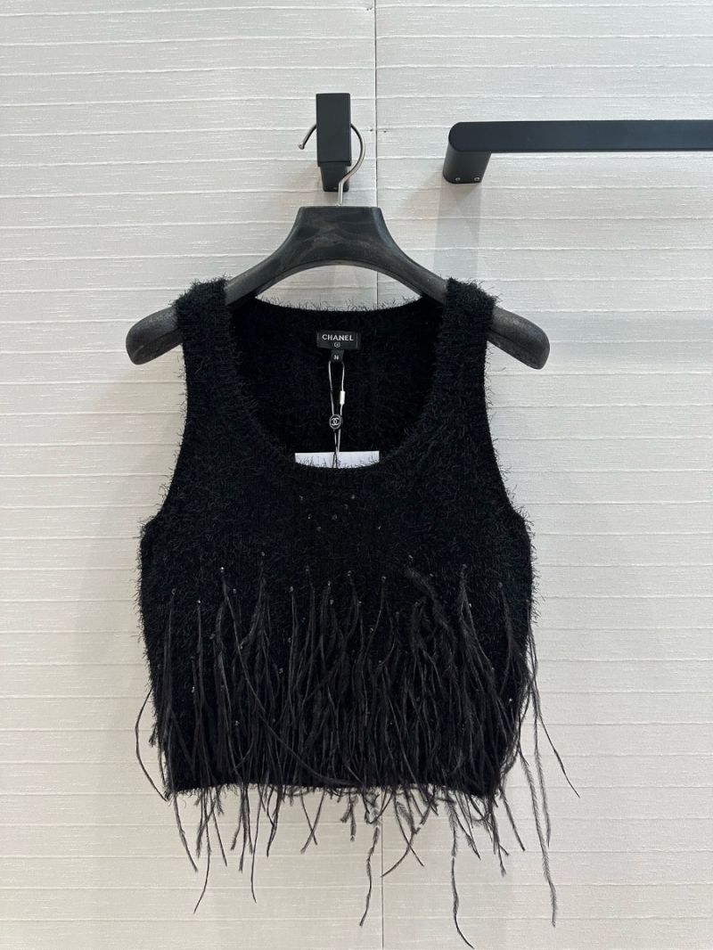 Chanel 25P Feather Knit Tank Top with Rhinestone Detailing Limited Edition Black