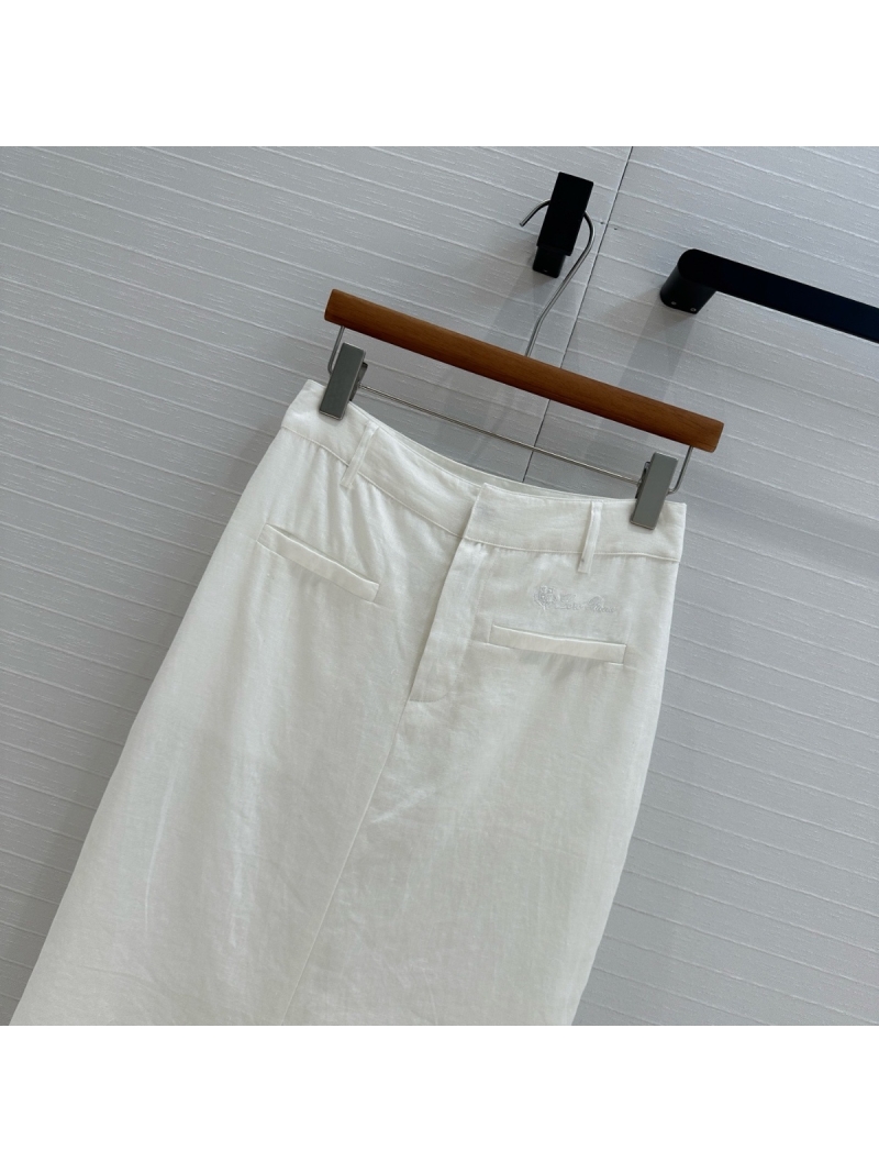 Loro Piana 2025 Early Spring Minimalist Cotton-Linen Midi Skirt with Embroidered Logo