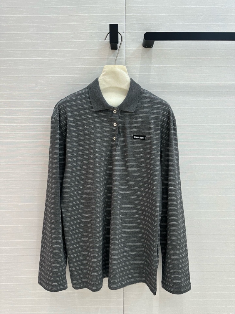 Miu Miu Early Spring 2025 Grey Striped Long Sleeve Polo Shirt