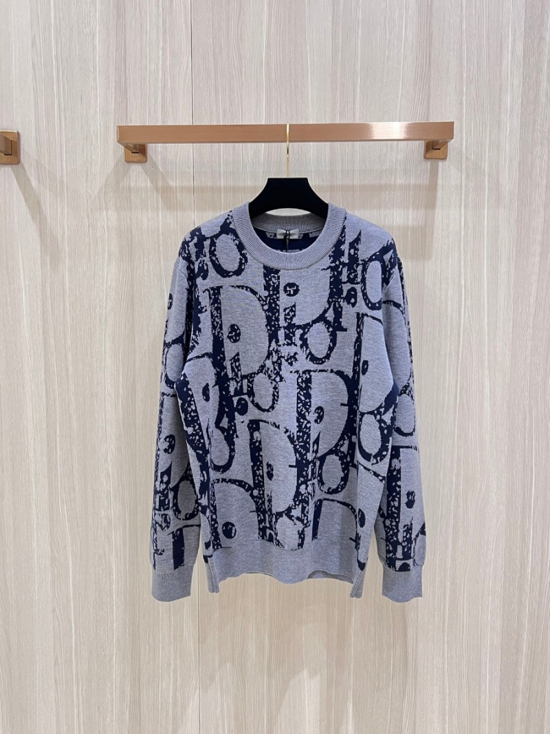 Dior Classic Letter Jacquard Knit Wool Sweater – Grey Blue