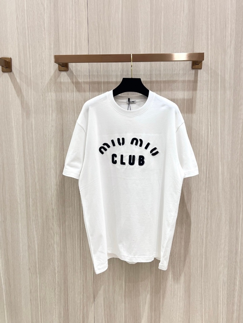 MIU MIU Club Embroidered Unisex Cotton T-Shirt in White