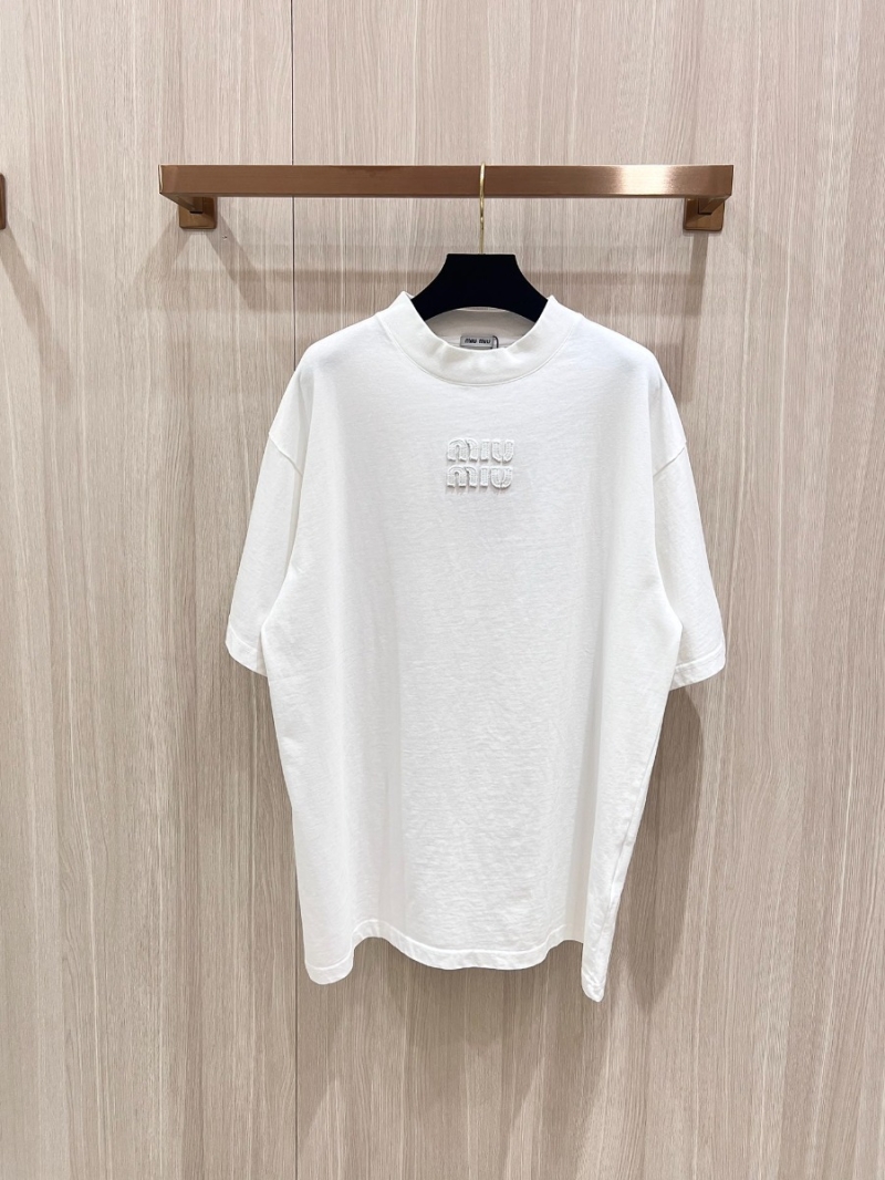 Miu Miu OS Embroidered Logo Cotton Short Sleeve T-Shirt