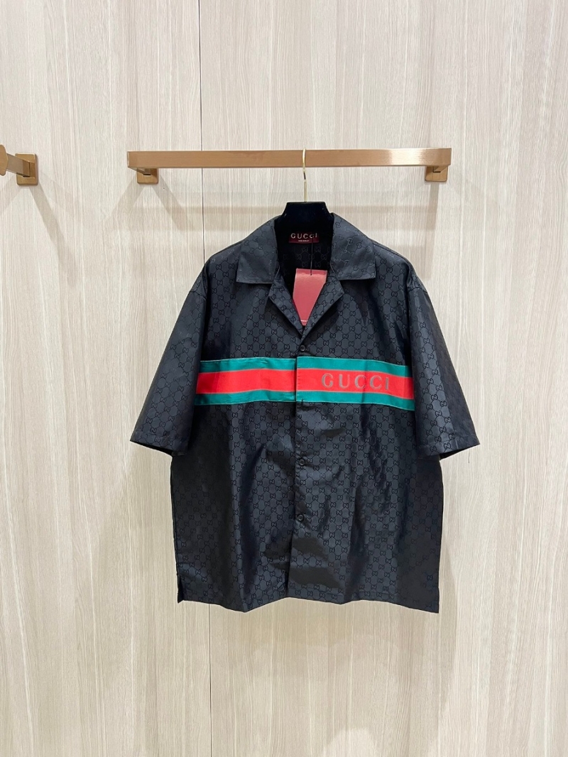Gucci Lido Collection Elegant Summer Woven Poplin Set Short Sleeve Shirt and Shorts - Black Pattern