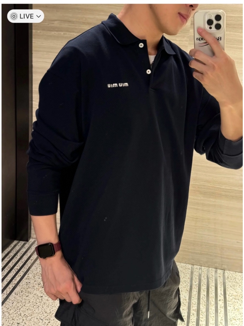 Miu Miu Unisex Mini Letter Basic Cotton Long-Sleeve Polo in Navy
