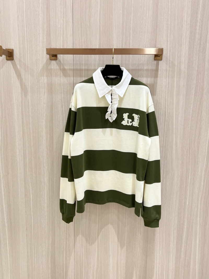 Louis Vuitton New Release. Western Cowboy Collection Striped Polo Long-Sleeve Sweatshirt (Olive Green/White)