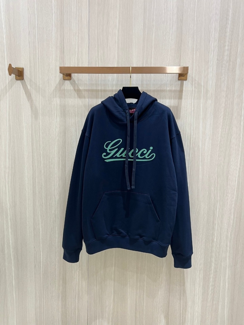 Gucci Signature Embroidered Knit Hoodie in Navy Blue
