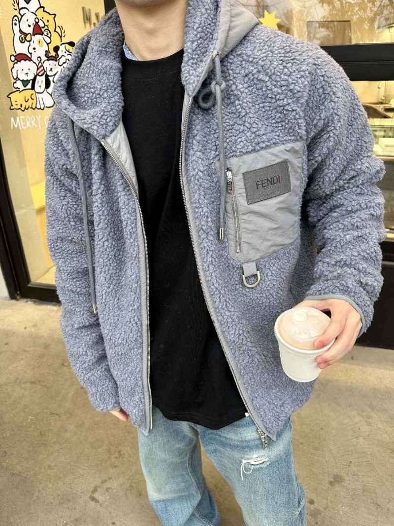 FENDI Roma Collection Plush Teddy Fleece Hooded Jacket in Gray