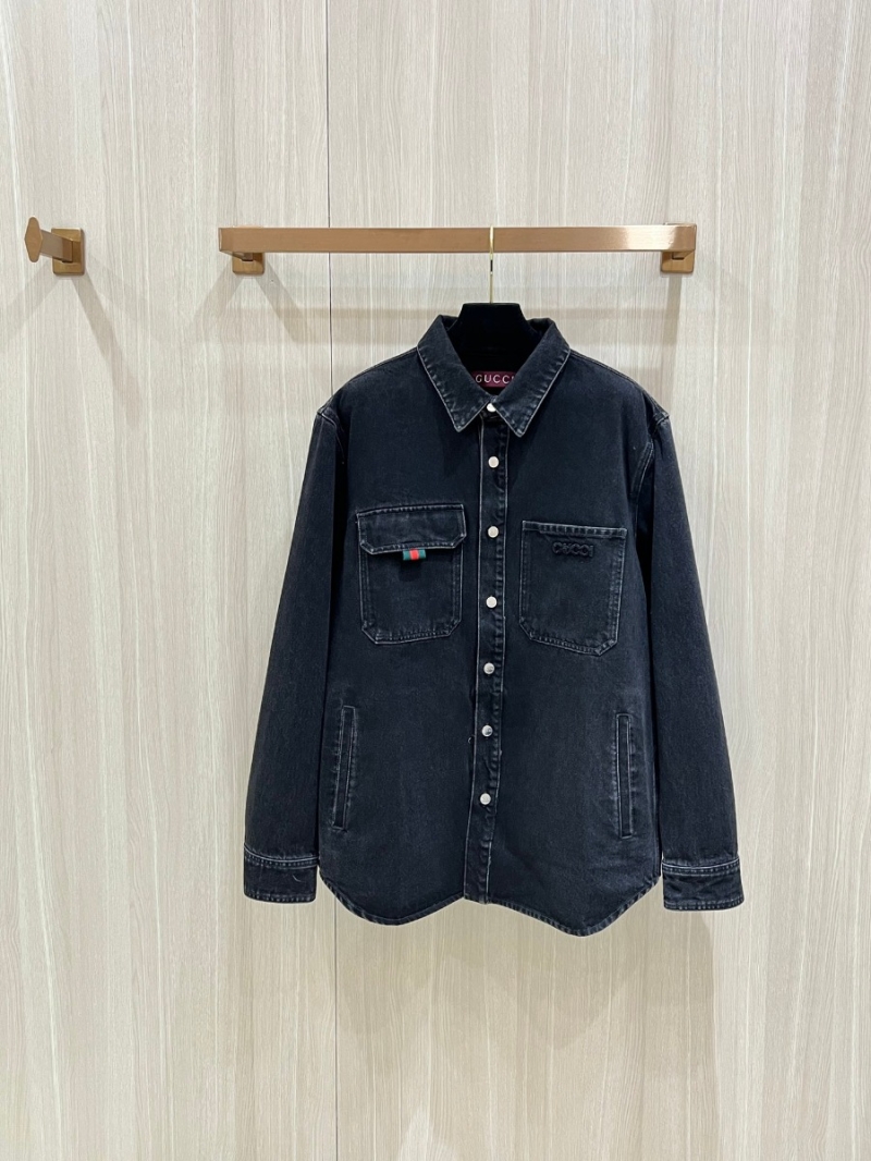 Gucci Washed Denim Shirt Jacket with Embroidery Details