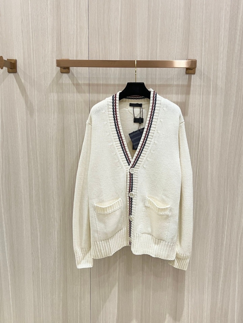 PRADA Red & Blue Striped V-Neck Wool Cardigan in Ivory
