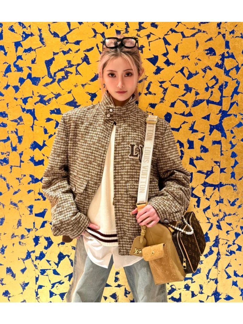 Louis Vuitton LV 25SS Limited Edition Houndstooth Beaded Jacket Brown Checkered