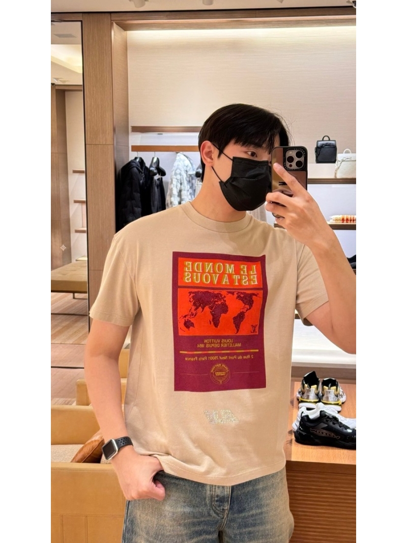 Louis Vuitton LV 25SS Spring/Summer Map Rhinestone Khaki Short-Sleeve Shirt