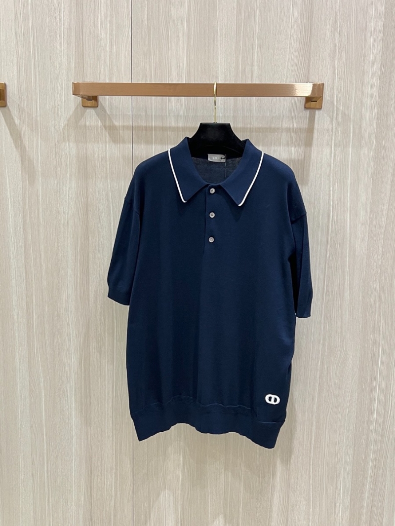 Dior New Collection Elegant Polo Knit Short-Sleeve Navy Blue