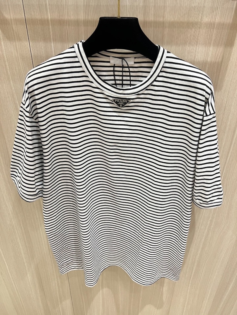 PRADA Summer 2025 Slim Fit Striped T-shirt with Triangle Enamel Logo. White Stripes