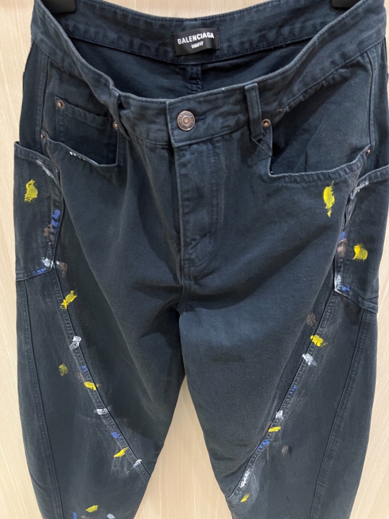 Balenciaga Graffiti Ink Spray Curved Blade Jeans. Dark Wash
