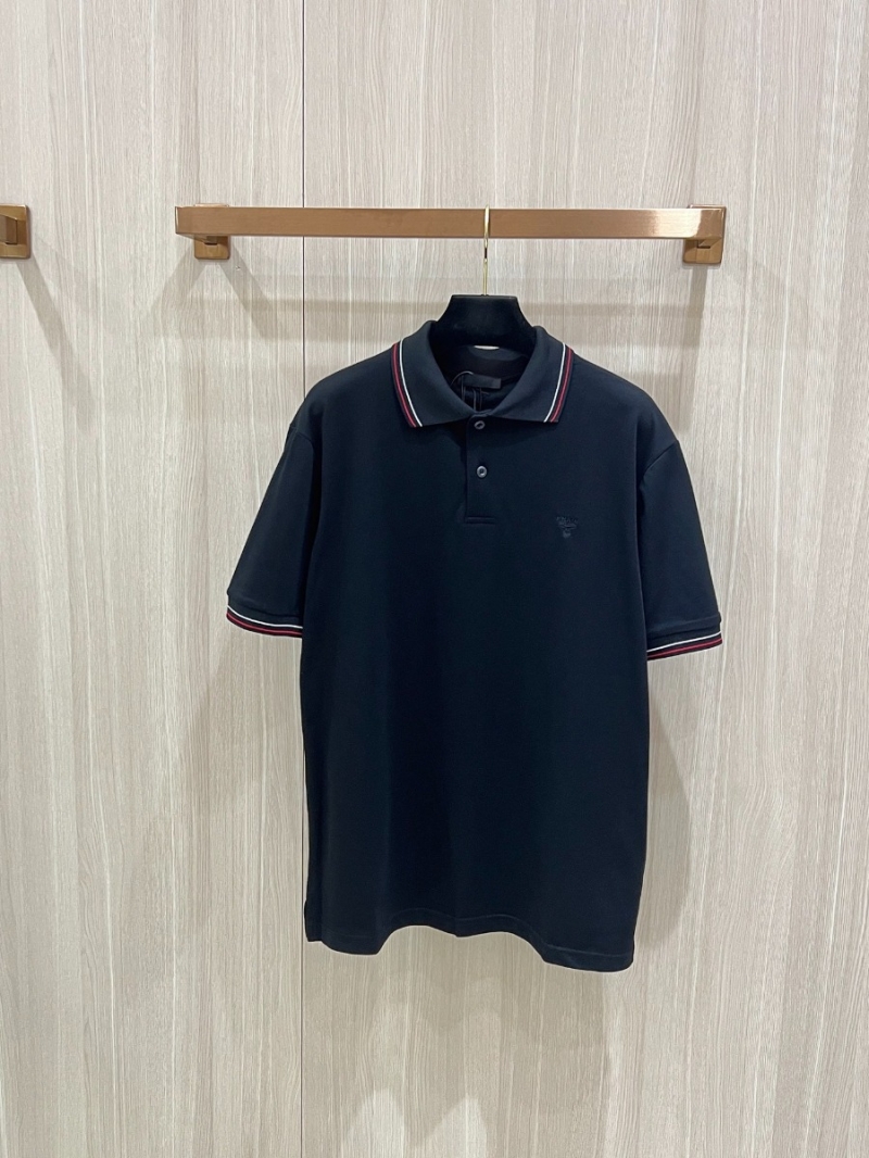 PRADA Striped Embroidered Polo Shirt - Black Short Sleeve