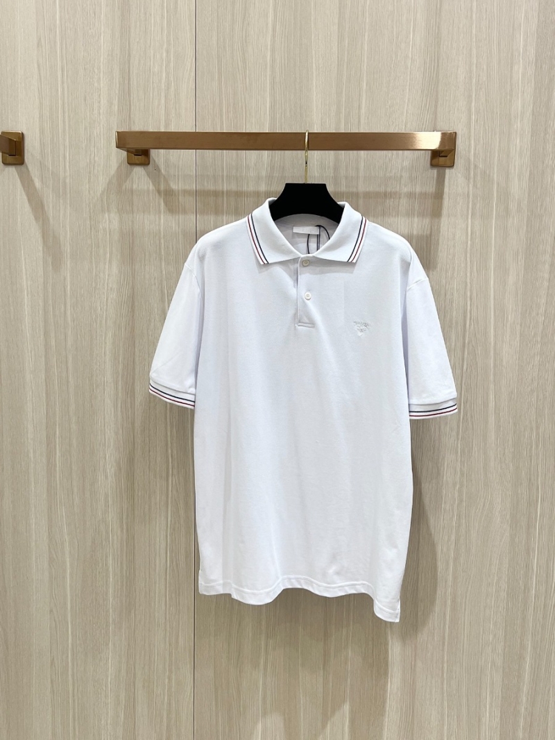 PRADA Striped Embroidered Polo Shirt - White Short Sleeve