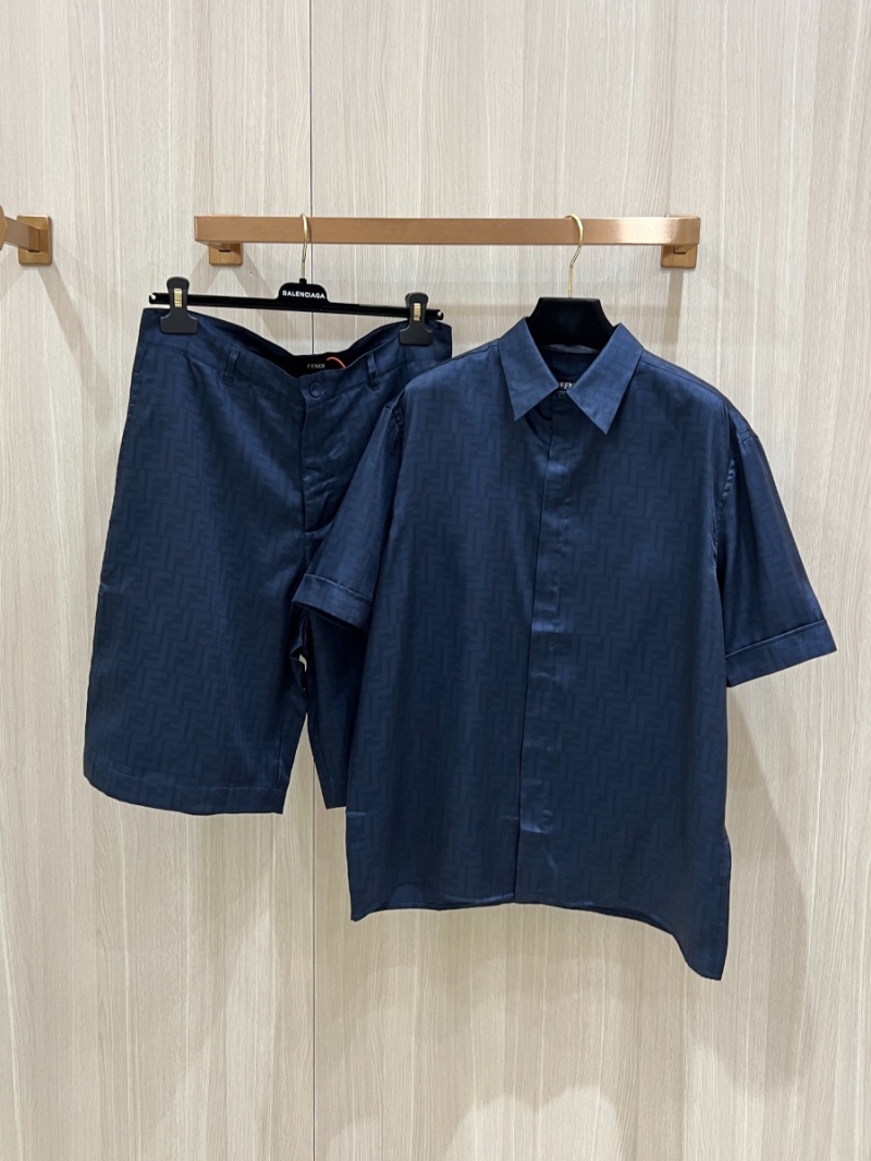 FENDI Double F Jacquard Shirt and Shorts Set - Deep Blue Letter Print Short Sleeve Shirt & Shorts