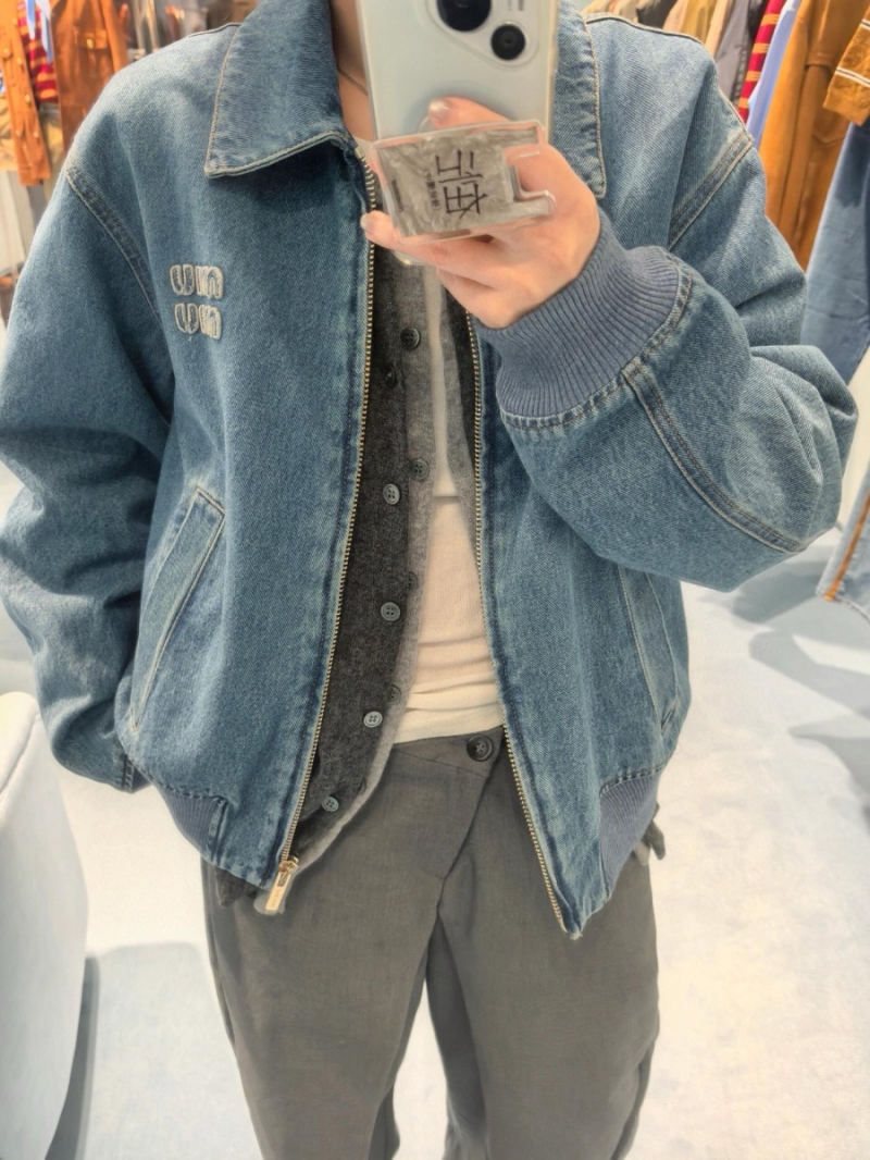 Miu Miu Collegiate Embroidered Logo Denim Jacket Blue