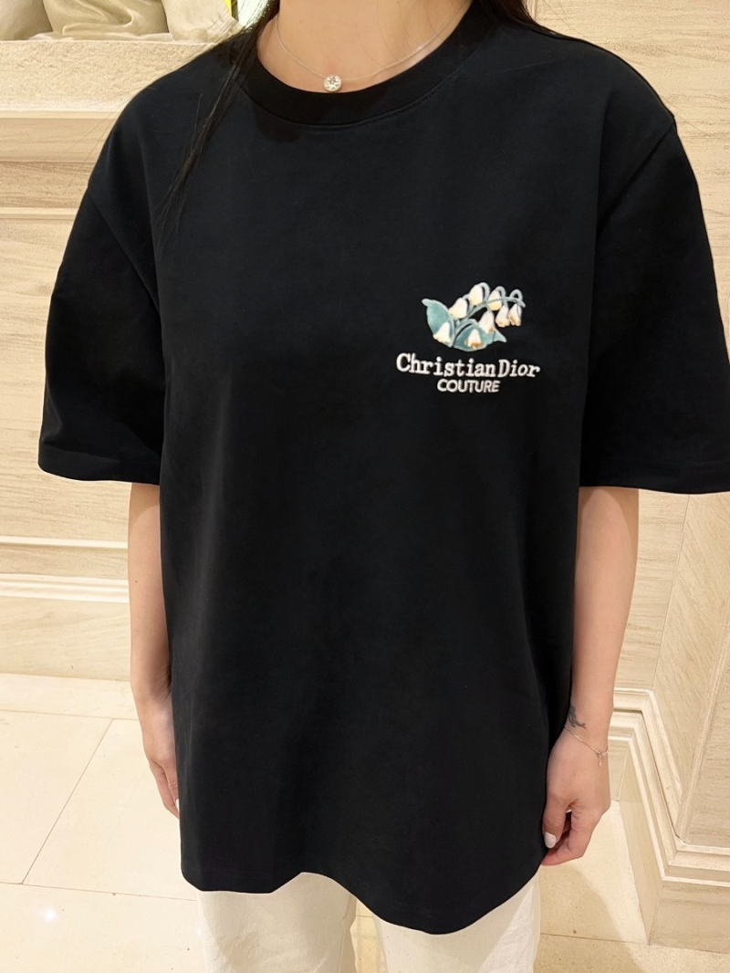 Dior Floral Elegant Embroidered T-Shirt Sleek Black