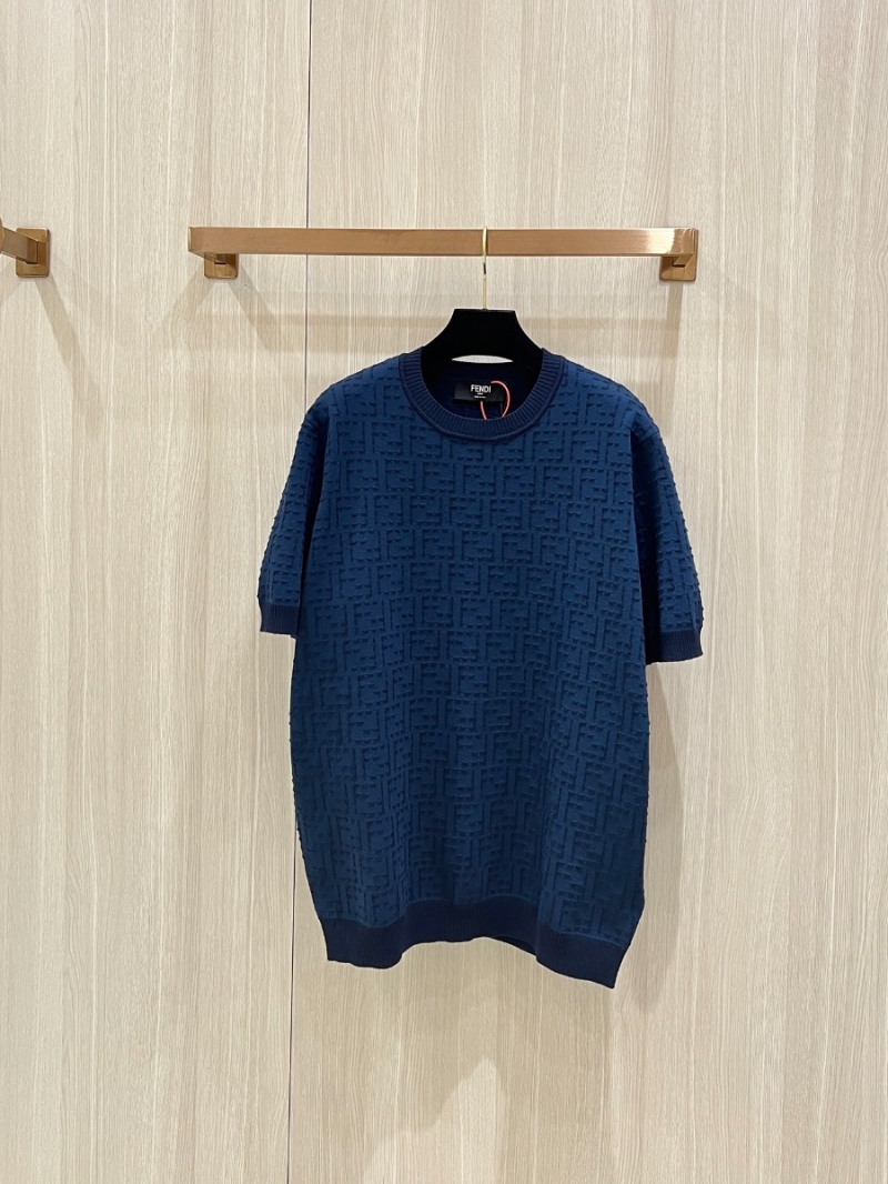 Fendi FF-Imprint Elegant Knit Short-Sleeve Top Navy Blue