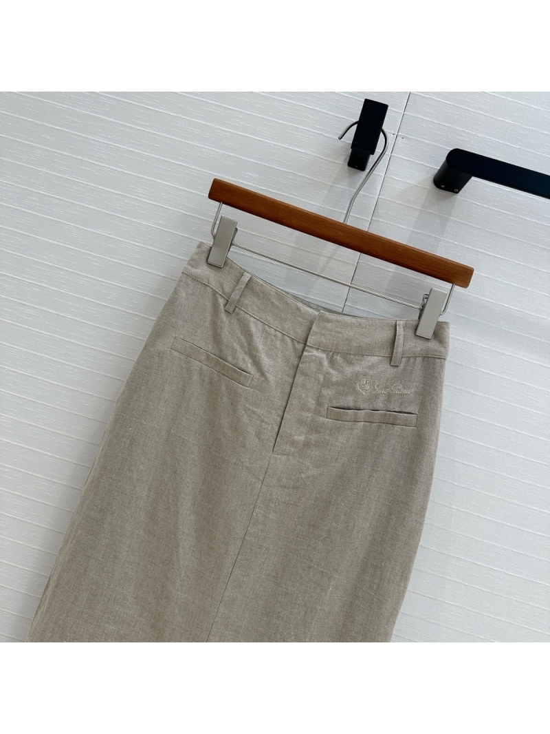 Loro Piana 2025 Early Spring Minimalist Cotton-Linen Midi Skirt with Embroidered Logo Grey