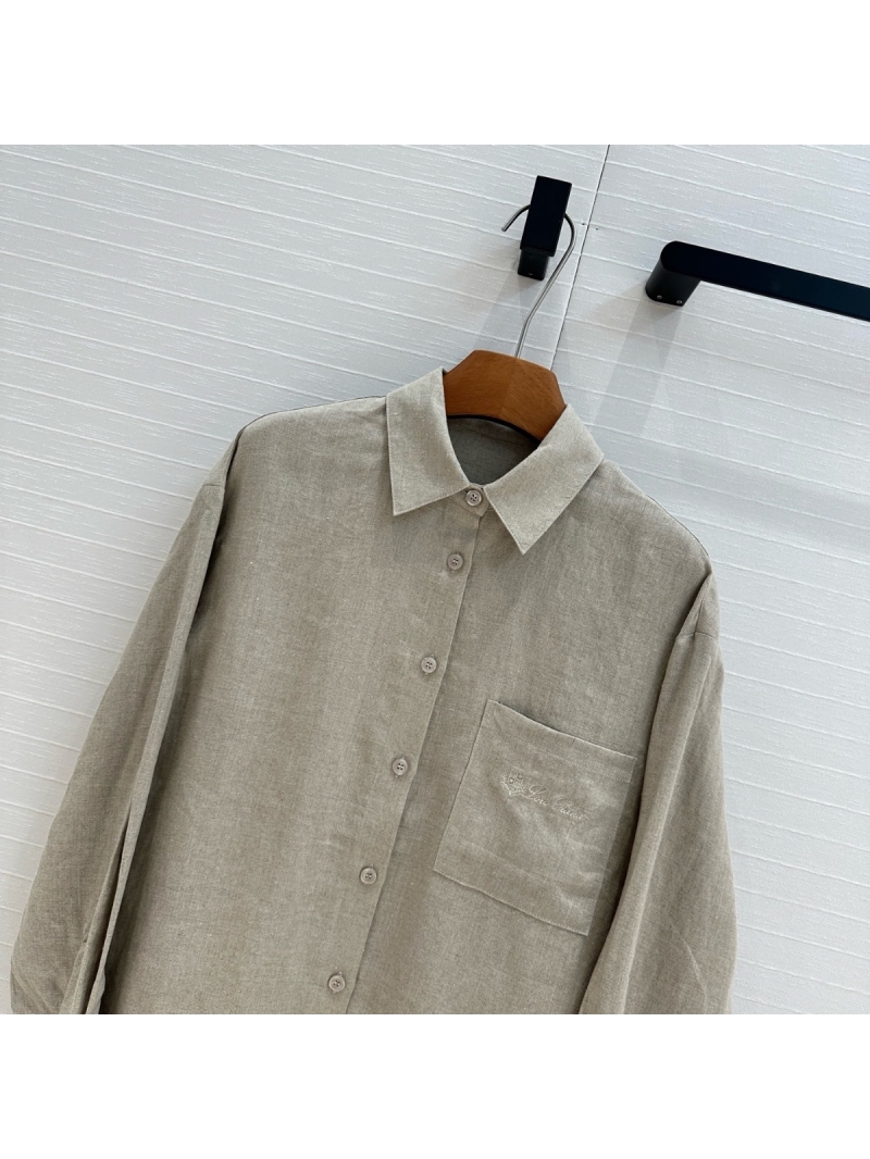 Loro Piana 2025 Spring/Summer Oversized Cotton-Linen Shirt with Embroidered Logo Grey