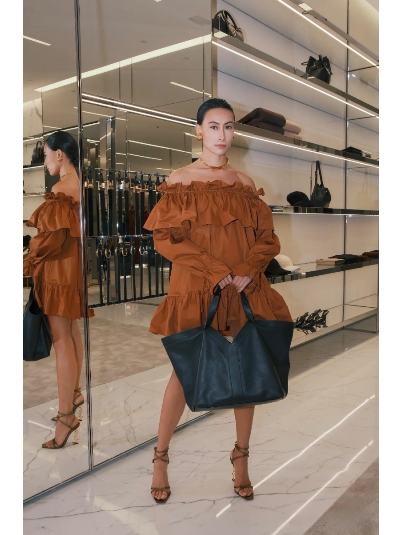 YSL Saint Laurent Early Spring 2025 Caramel Off-Shoulder Cotton Dress with Bubble Sleeves