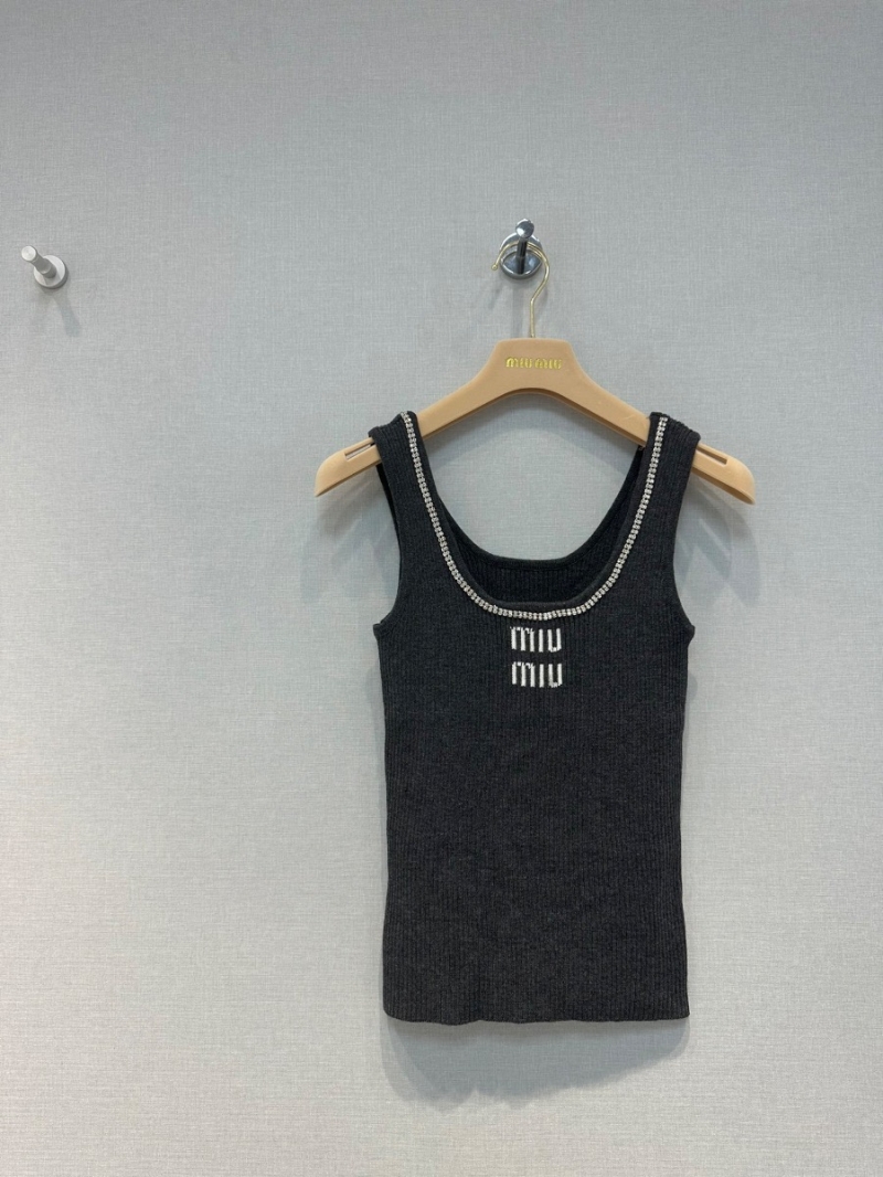 Miu Miu 24SS New Arrival Handcrafted Rhinestone Knit Tank Top