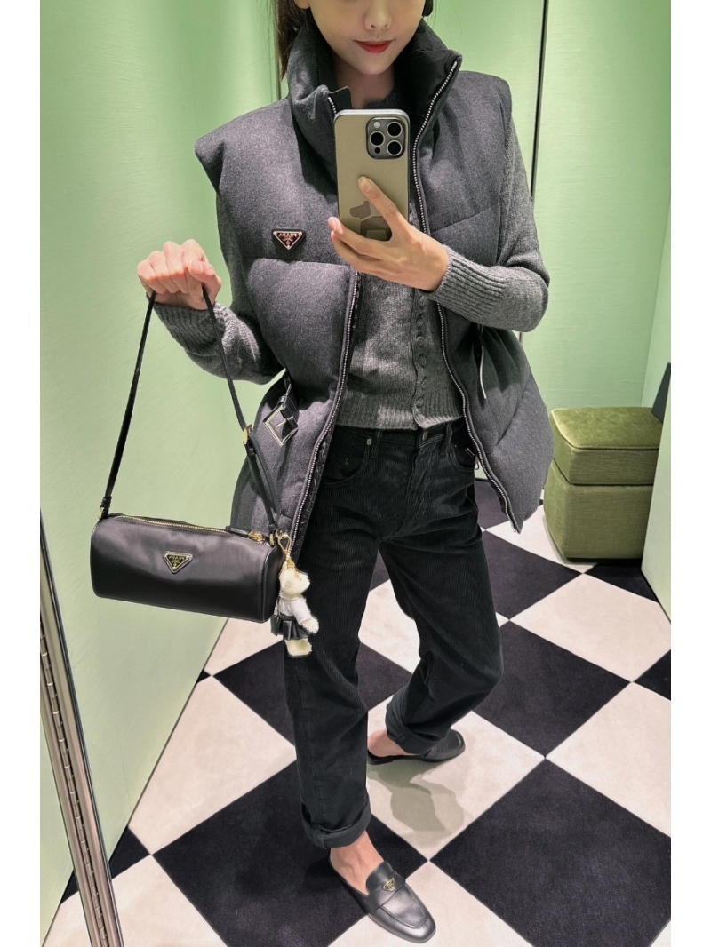 Prada Imported Wool Belted Wool Down Vest with Stand Collar